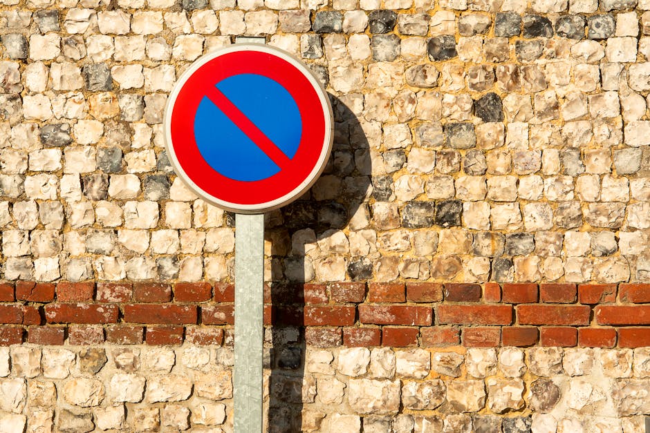 A round traffic sign with a red border and blue background featuring a red diagonal slash, mounted on a grey metal pole. The sign is positioned against a textured stone brick wall with visible mortar joints, composed of light beige and dark grey stones, and a horizontal band of red bricks near the bottom. The shadow of the sign cast on the wall indicates sunlight. This scene reflects urban parking restrictions relevant to house removals and moving logistics, as seen in the context of home relocation on the 'Loxford removals' webpage of Man with Van Loxford, which provides services including parking permits and compliance with council rules for efficient furniture transport and packing during move-in or move-out processes.